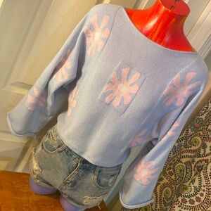 Kawaii Cute Adorable Floral Blue and Pink Knit Sweater
